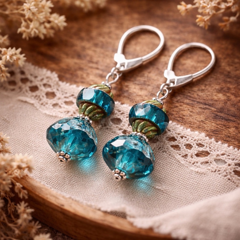 Artisan Teal Blue Glass Bead Dangle Earrings | Curated Vintage Beads
